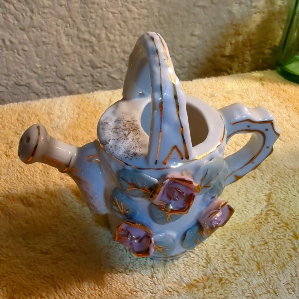 Vintage 1950's 3D Vase Pink Roses Ribbed Watering Can Gold Trim Chase Handpainte